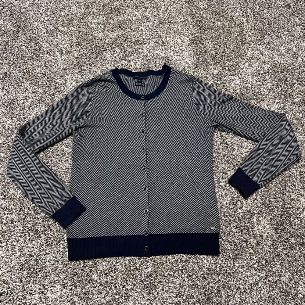 Tommy Hilfiger Womens Pima Cotton Herringbone Cardigan Navy Blue Small
